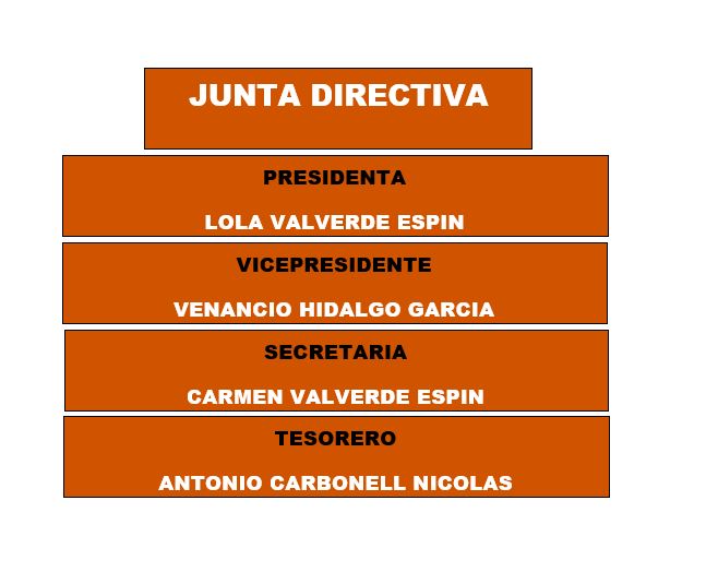 diagrama con la junta de PREDIF MURCIA:Presidenta-Lola Valverde;Secretaria-Carmen Valverde;Vicepresidente-Venancio Hidalgo;Tesorero-Antonio Carbonell